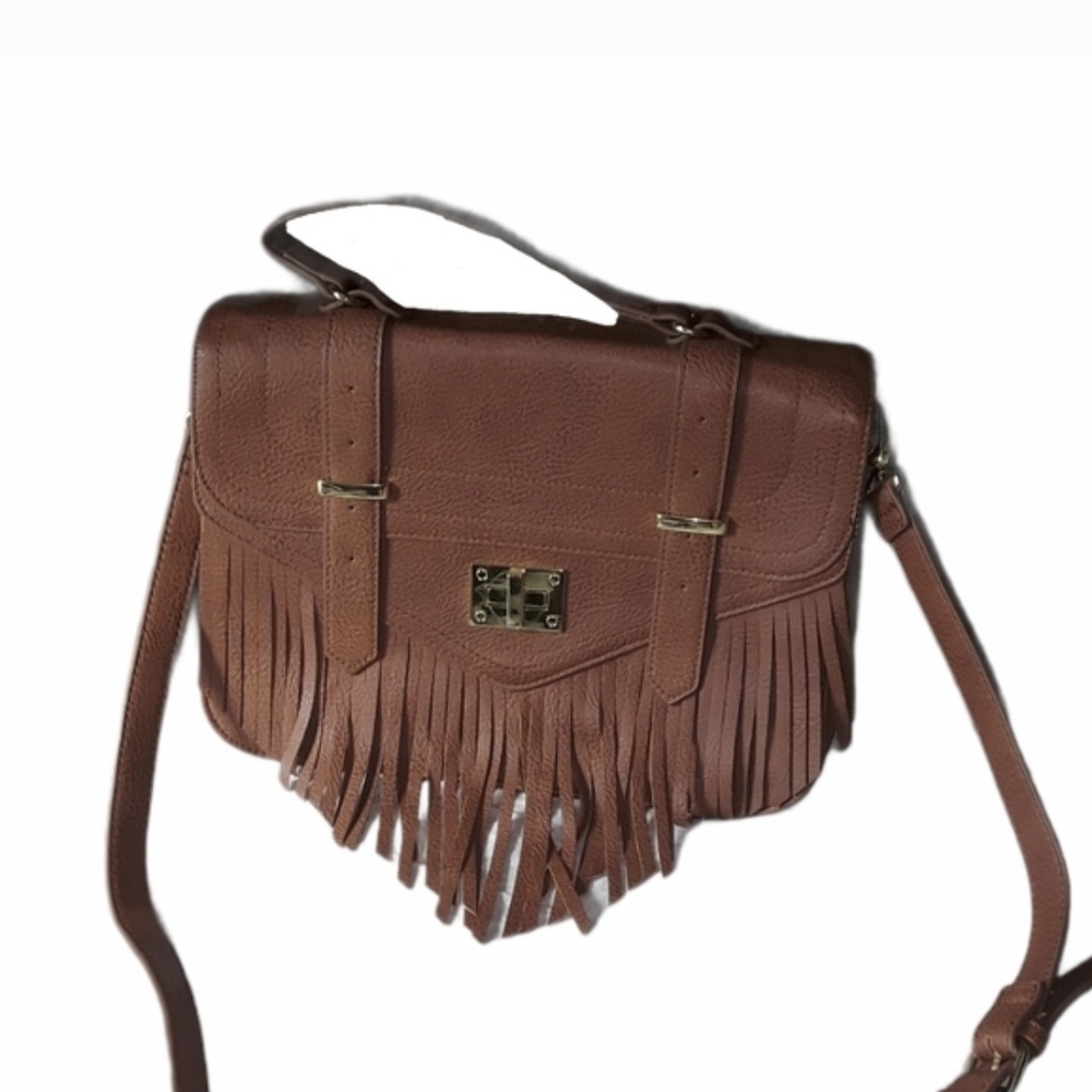 Steve Madden Brown Fringe Satchel with Gold Hardware